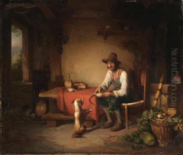 Italienischer Bauer mit Hund spielend Oil Painting by Johann Baptist Kirner