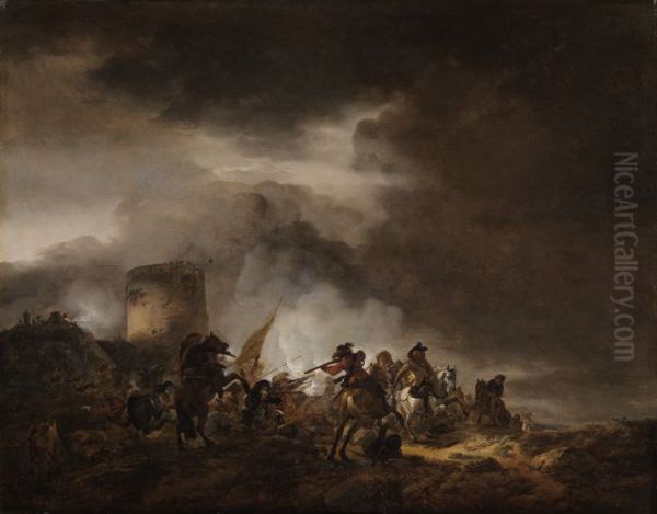 Battle between horsemen and foot soldiers in front of a fortification Oil Painting by Philips Wouwerman