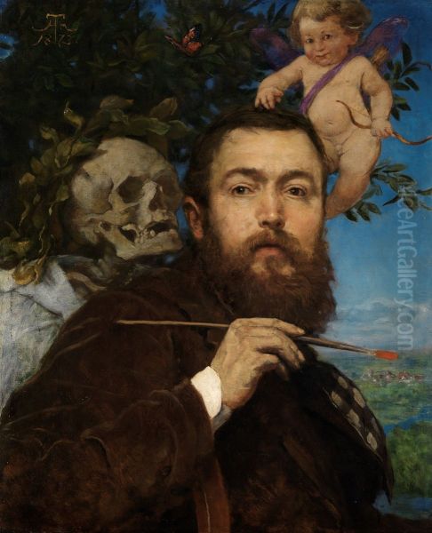 Self-Portrait with Cupid and Death Oil Painting by Hans Thoma