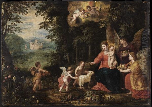 Maria mit dem Kinde, dem Johanneskaben und Engeln in einer Waldlandschaft Oil Painting by Hendrick van Balen the Elder