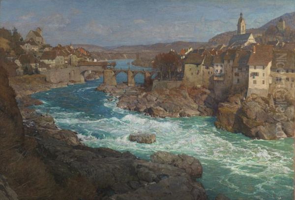 Blick auf Laufenburg am Rhein mit den Stromschnellen Oil Painting by Gustav Schonleber