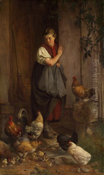 Feeding chickens Oil Painting by Hans Thoma