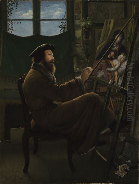 Georg Philipp Schmitt, der Vater des Kunstlers, an der Staffelei Oil Painting by Guido Philipp Schmitt