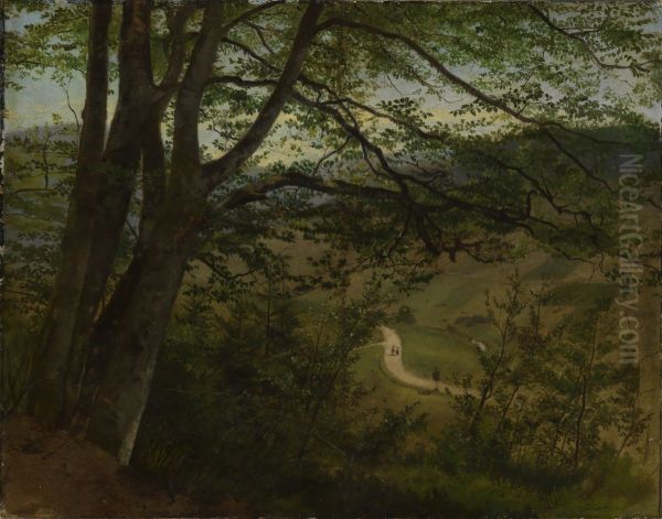 Blick durch Baume und Gestrauch auf Tal Oil Painting by Hans Thoma