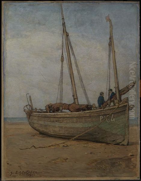 Fischerboote in Tiefebbe bei La Panne Oil Painting by Gustav Schonleber