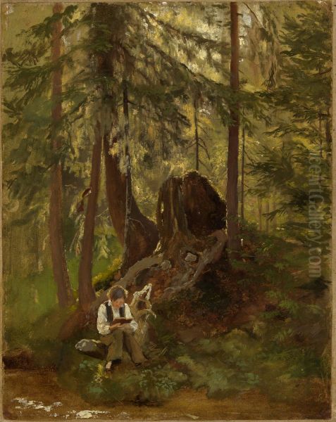 Waldinneres mit lesendem Knaben Oil Painting by Hans Thoma