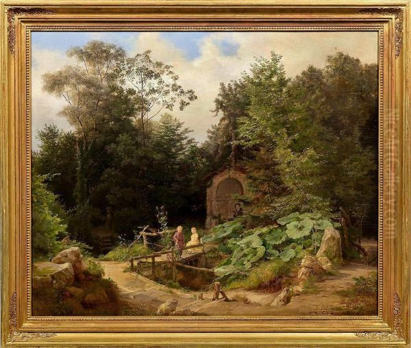 Romantischegartenlandschaft Mit Angelnden Kindern Am Bach Oil Painting by Georg Heinrich Busse