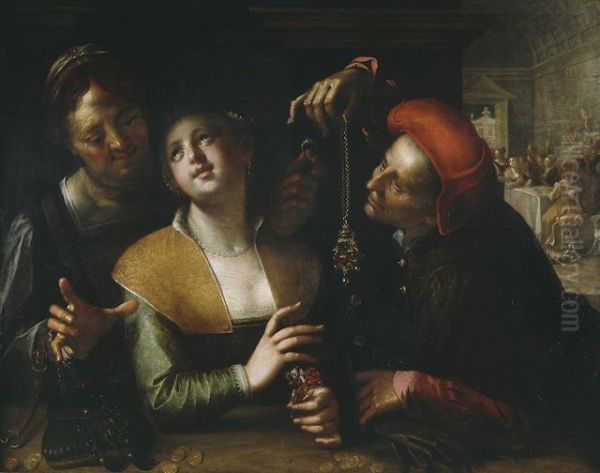 Procuress, young woman and a man in an interior Oil Painting by Hans Von Aachen