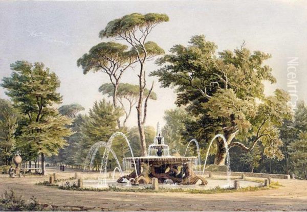 View Of An Elaborate Fountain In The Garden Of The Villa Borghese Oil Painting by Georg Heinrich Busse