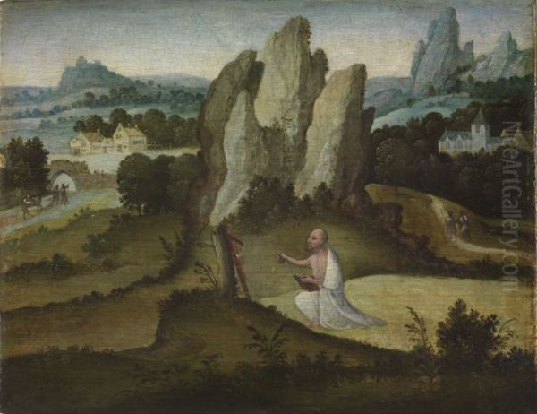 Landscape with St. Jerome as penitent in the desert, half naked, kneeling before a crucifix and holding a stone in his hand to beat his breast Oil Painting by Joachim Patinir