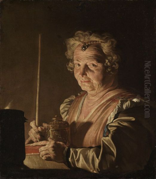 Alte Frau mit Buch und Rauchergefass bei Kerzenlicht Oil Painting by Matthias Stom