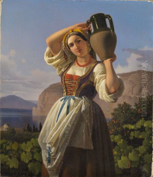 Italienisches Madchen mit Wasserkrug Oil Painting by Theodor Leopold Weller