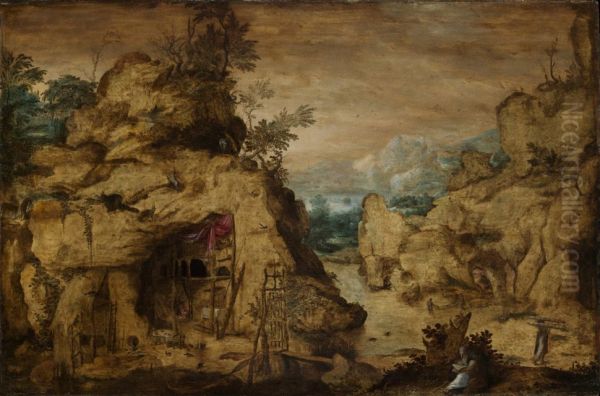 Mountain landscape with a hermit Oil Painting by Bartholomeus Spranger