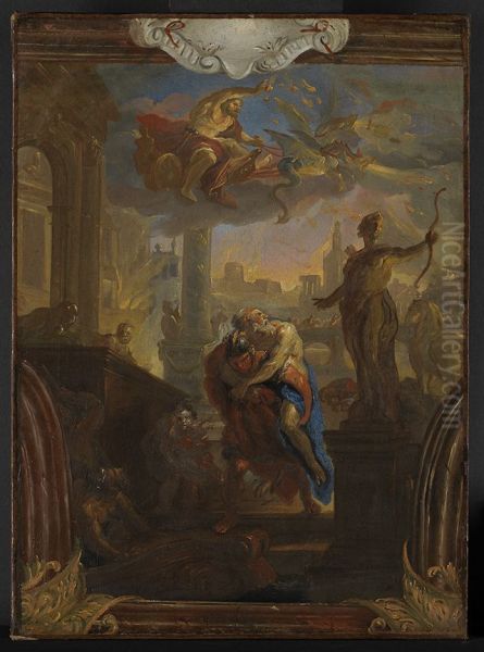 Aneas rettet seinen Vater Anchises aus dem brennenden Troja, am Himmel Vulkan auf seinem Wagen Oil Painting by Johann Michael Rottmayr