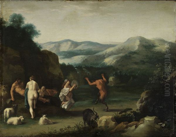 Heuvellandschap met muscicerende en dansende nimfen en saters Oil Painting by Cornelius van Poelenburgh