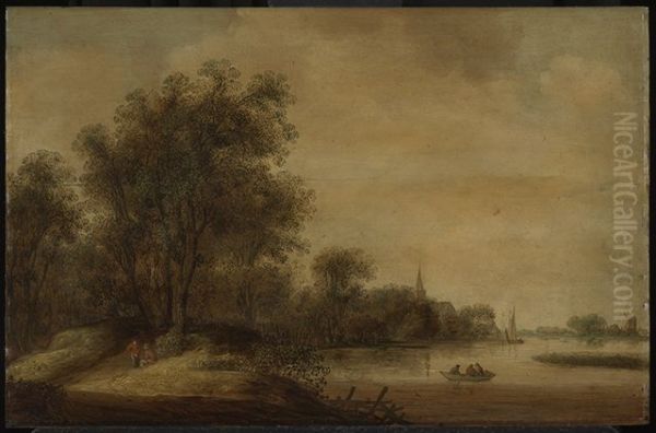 River landscape with a village in the distance Oil Painting by Wouter Knijff