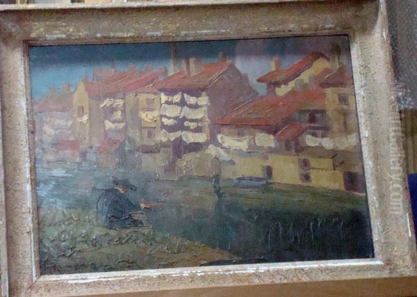 Maisons Sur La Jordanne A Aurillac Oil Painting by Maurice Busset