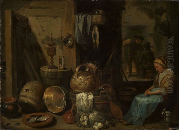 Keukeninterieur met slapende vrouw Oil Painting by David Teniers the Younger