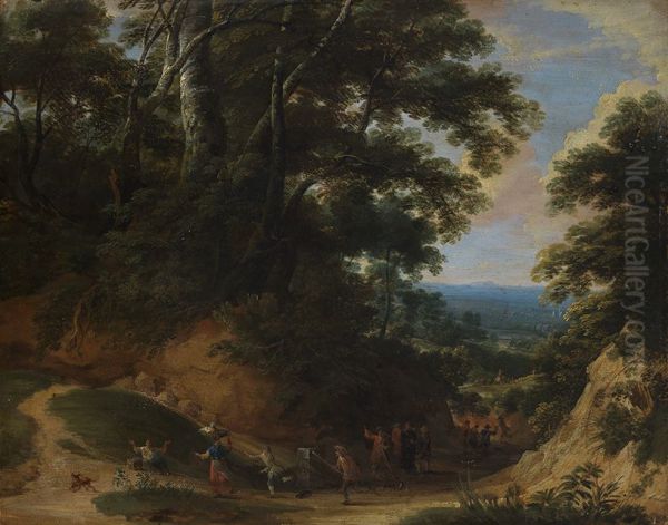 Hohlweg mit Soldaten, welche Bauern uberfallen Oil Painting by Jacques d'Arthois