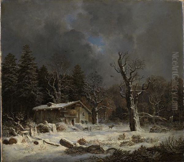 Forsthaus im Winterwald Oil Painting by Heinrich Burkel