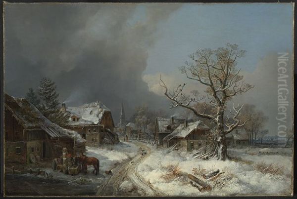 Dorfstrasse im Winter mit Tranke Oil Painting by Heinrich Burkel