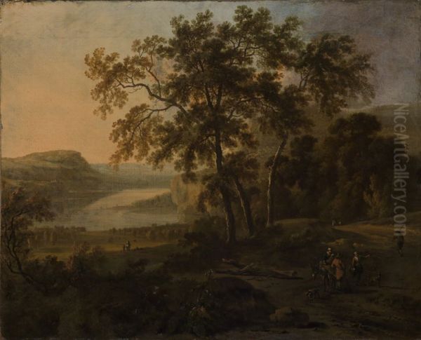 Mountain landscape with a river in the evening light Oil Painting by Jan Wijnants