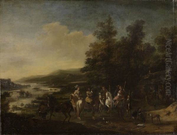 Jagdgesellschaft zu Pferde mit Dienern und Hunden Oil Painting by Pieter Wouwerman