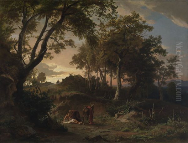 Der Abend, Die Bergung des verletzten Wanderers durch den barmherzigen Samariter Oil Painting by Johann Wilhelm Schirmer