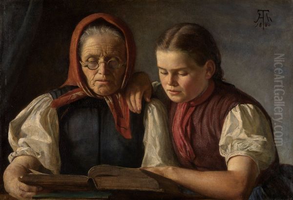 The artist's mother and sister reading the Bible Oil Painting by Hans Thoma