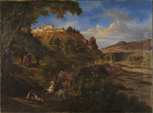 Schloss Eberstein bei Gernsbach mit mittelalterlichem Jagdzug Oil Painting by Daniel Fohr