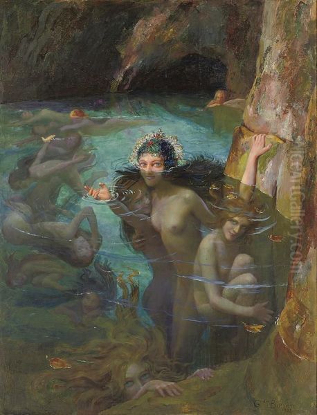 Sea Nymphs At A Grotto Oil Painting by Gaston Bussiere