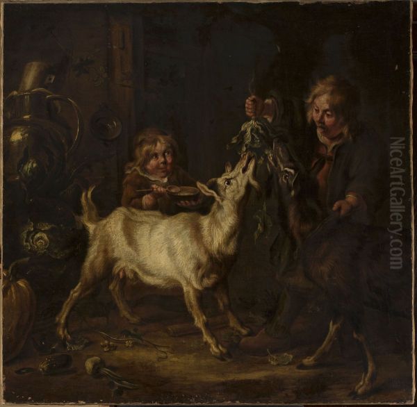 Children feeding goats Oil Painting by Johann Heinrich Roos