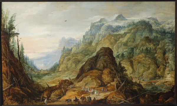 Mountain landscape with a caravan Oil Painting by Joos de Momper the Younger