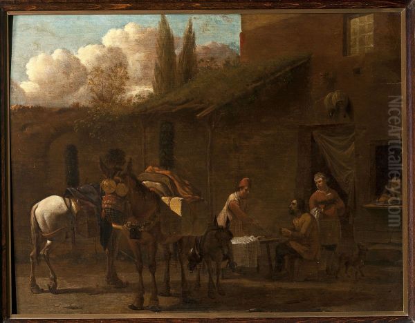 In front of an inn Oil Painting by Karel Dujardin