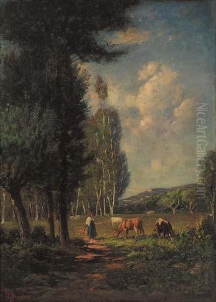 Mucche Al Pascolo Oil Painting by Vittorio Bussolino