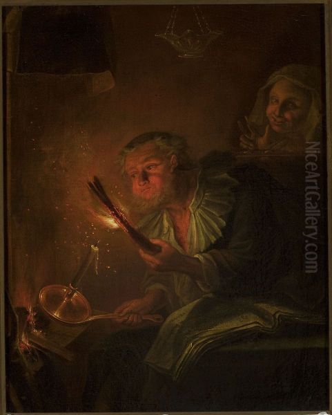 Man with a fire torch Oil Painting by Godfried Schalcken