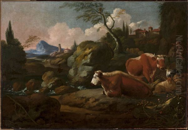 Italian landscape with cows Oil Painting by Johann Heinrich Roos