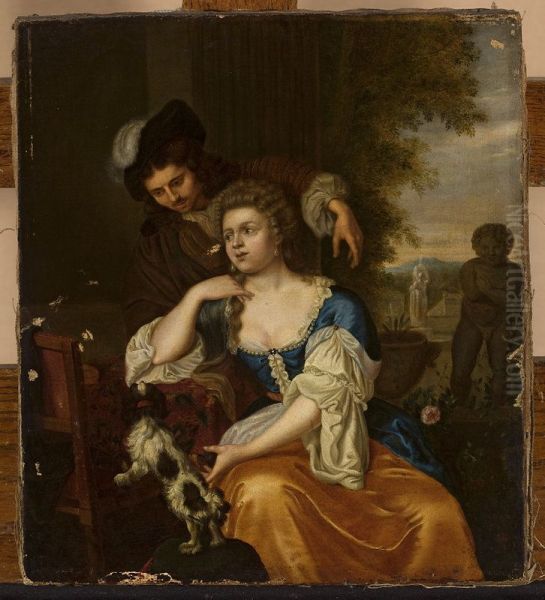 Young lady and a man at a table Oil Painting by Michiel van Musscher