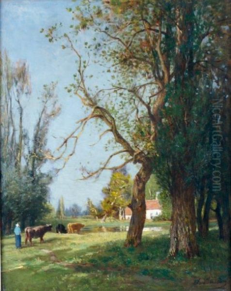 Troupeau De Vaches Dans Le Pre Oil Painting by Charles Busson