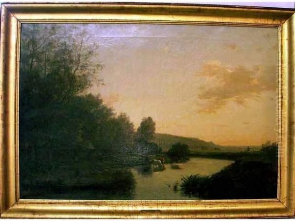 Paysage Avec Riviere Et Troupeau Au Soleil Couchant Oil Painting by Charles Busson