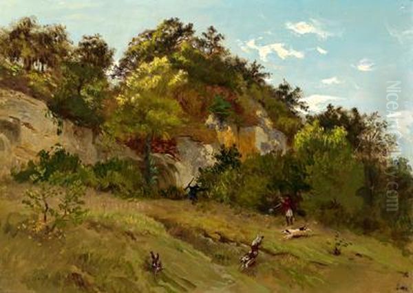 Landschaft Mit Felsen Und Hasenjagd Oil Painting by Charles Busson