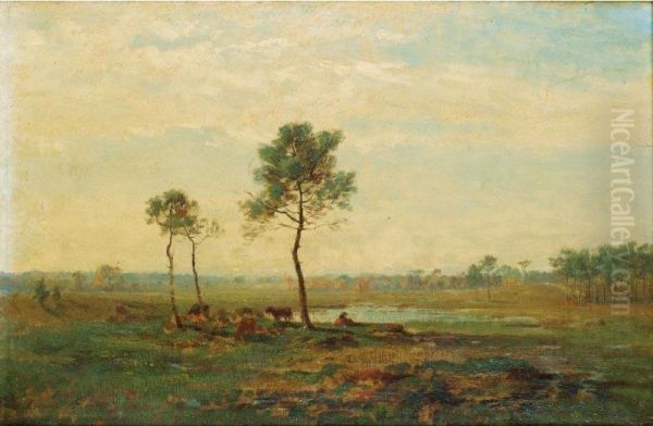 Paysage A La Mare [ ; Landscape ; Oil On Panel ; Signed And Dedicated Lower Left ] Oil Painting by Charles Busson