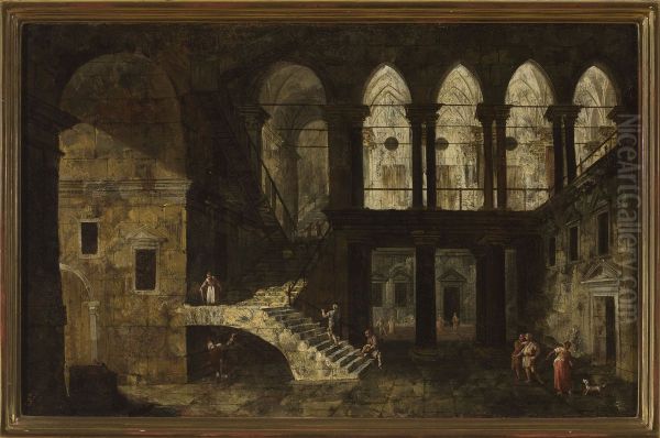 Architectural fantasy featuring a palace courtyard Oil Painting by Michele Marieschi