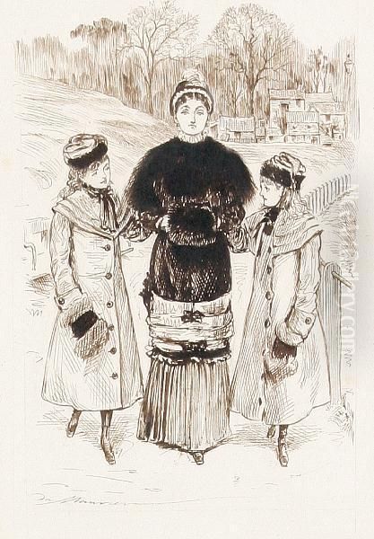 Punch Cartoon - Fashionable Lady And Twodaughters Oil Painting by George L. Du Maurier