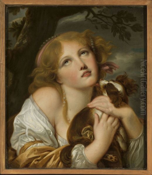 Girl with a dog in her hands Oil Painting by Jean-Baptiste Greuze