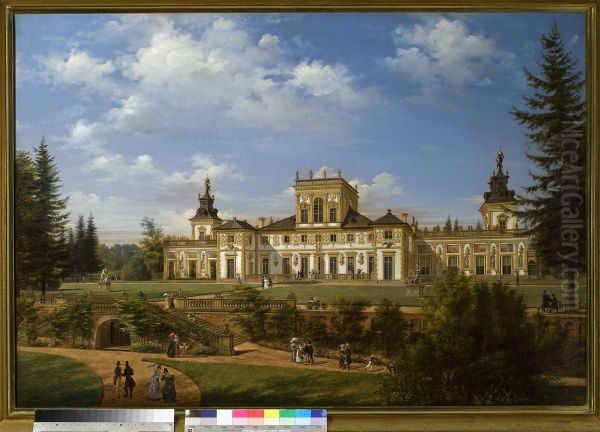 View of the Wilanow Palace from the side of the park Oil Painting by Wincenty Kasprzycki