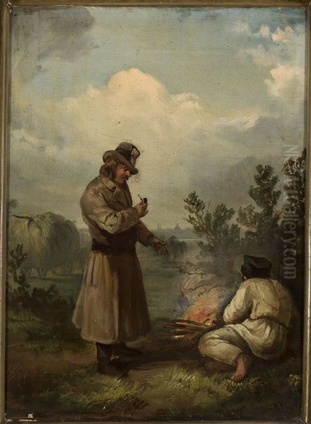 At bonfire Oil Painting by Franciszek Kostrzewski