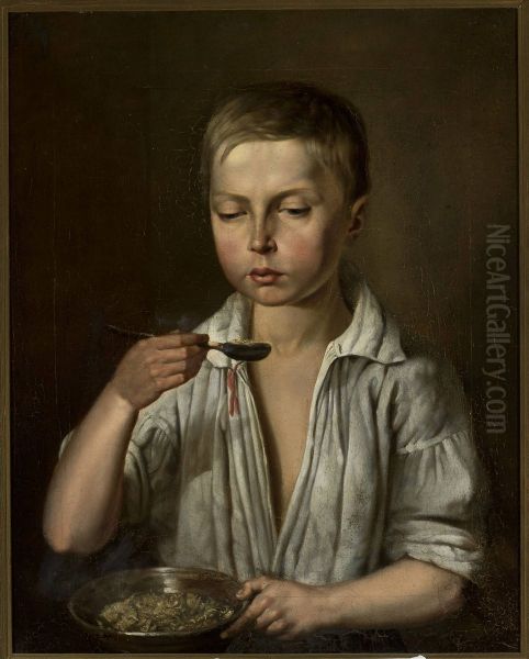 Boy at breakfast Oil Painting by Jozef Simmler