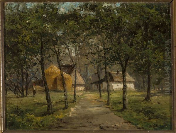 Landscape with houses among trees Oil Painting by Jozef Marszewski