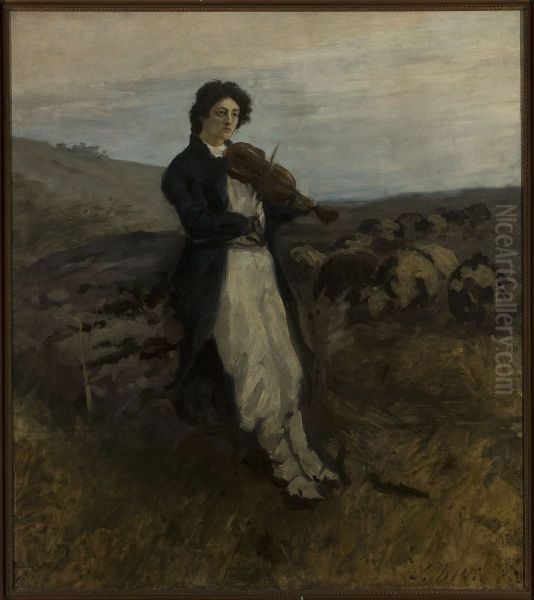 Modrzejewska as a fiddler Oil Painting by Stanislaw Witkiewicz